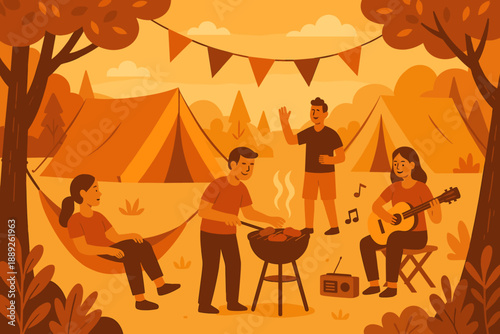 Friends enjoy a camping trip with barbecue, music, and games in a forest during summer afternoon