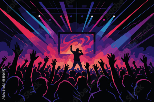 Crowd enjoys live music performance with singer on stage at vibrant venue during night event in urban setting