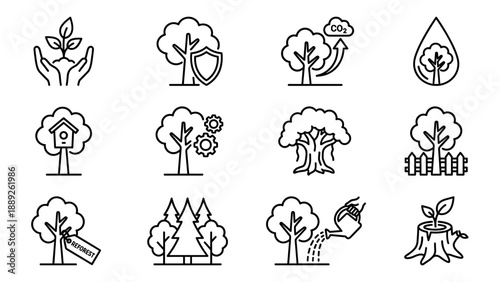 Set of 12 Minimalist Forest Conservation and Tree Line Art Icons for Ecology, Reforestation, CO2 Absorption, Sustainable Forestry, Nature Protection, and Environmental Awareness Graphic Design.