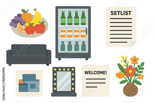 Items found in a backstage area at a music event showing snacks, drinks, and setup details for performers