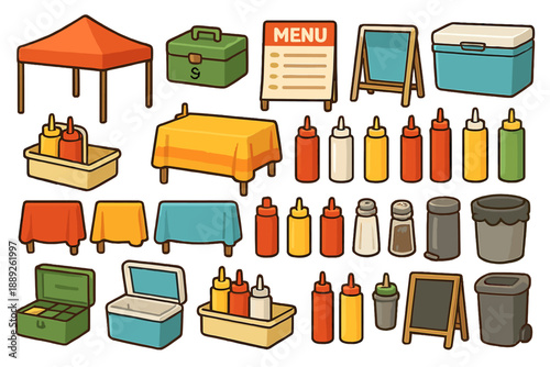 Food stand with menu sign, tents, condiments, and tables set for an outdoor event in a park setting during daytime