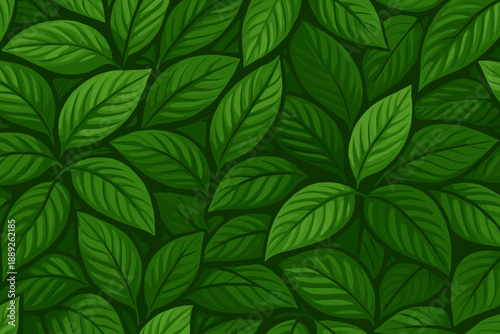 Lush green leaves fill the space creating a natural pattern on a dark background in a simple design