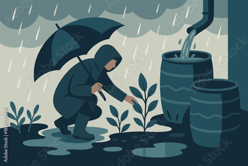 Man in raincoat using umbrella to plant seeds near water barrels during a rainy day in a garden