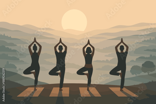 Four people perform yoga poses on mats during sunrise over rolling hills and mountains
