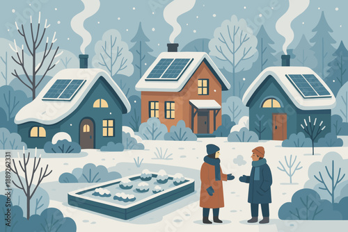 Friends meet in a snowy village to talk outside homes with solar panels under winter sky full of snowflakes