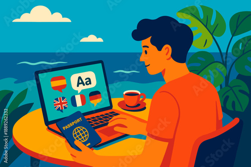 Learning languages online while sitting by the ocean with a laptop and a coffee cup in the afternoon