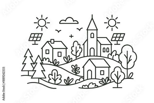 Drawing of a small village with houses and a church surrounded by trees and solar panels under a sunny sky