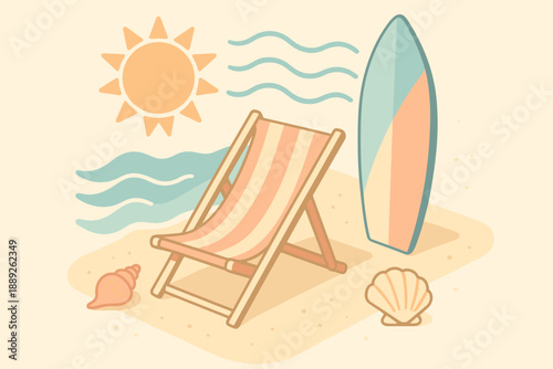 Beach scene with surfboard, deck chair, sun, and seashells showing summer leisure time by the water