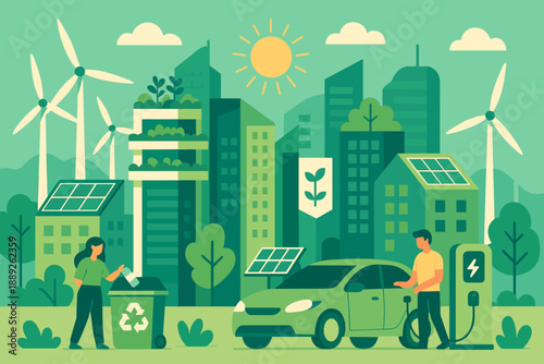 Growing green cities where people recharge electric cars and recycle waste in a clean environment under the sun