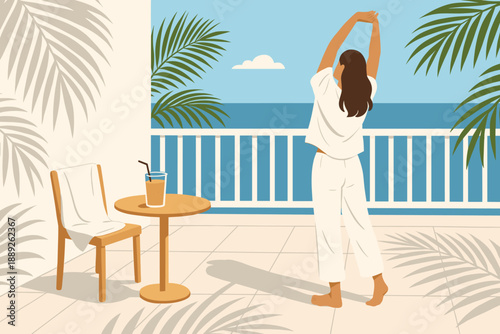 Woman stretches on balcony with a view of the ocean during morning light in a relaxing setting