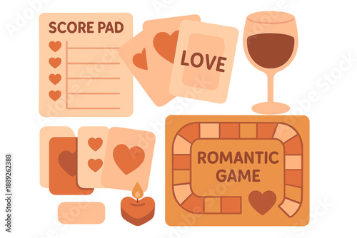 Romantic game setup with score pad, cards, wine glass, and candle for a cozy evening