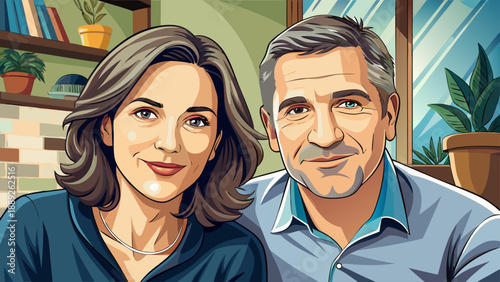 Very beautiful lifestyle portrait of a confident couple in their forties sitting side by side, reflecting emotional stability, trust, and deep connection, capturing mature love and shared life experie