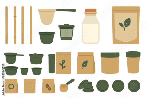 Collection of kitchen tools and containers used for food preparation and storage in a clean and organized layout