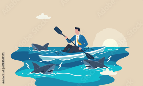 Risk taker, challenge, difficulty or problem in crisis or entrepreneurship, determination or adversity concept, confidence businessman sailing kayak ship among danger risky sharks