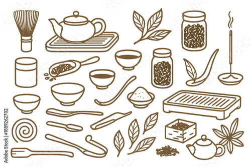 Different tea-making tools and ingredients are set out on a table for brewing tea in a cozy tea setup for afternoon relaxation