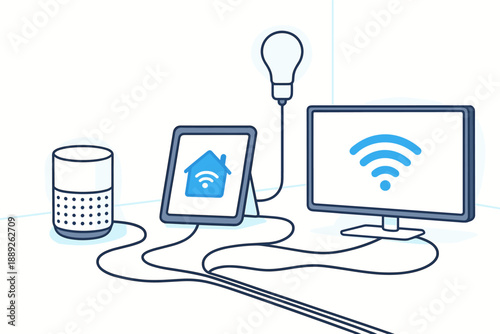 Smart home devices connected to each other in a modern living room setup during daytime