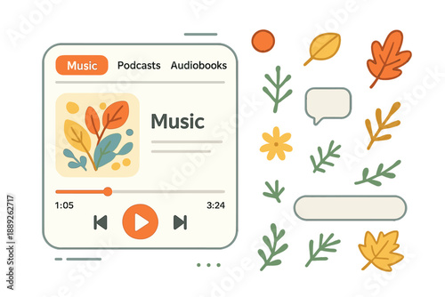 Music application interface with clips of music and audio content shown, designed with various plant graphics and colorful elements