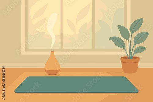 Yoga mat and essential oil diffuser in a peaceful room with plants during morning light hours