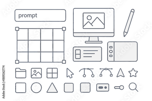 Computer screen and design tools arranged on a table for graphic design work at a studio