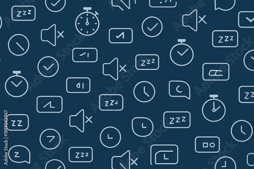 Patterns of clocks, timers, and sleep symbols on a blue background made with simple lines and shapes