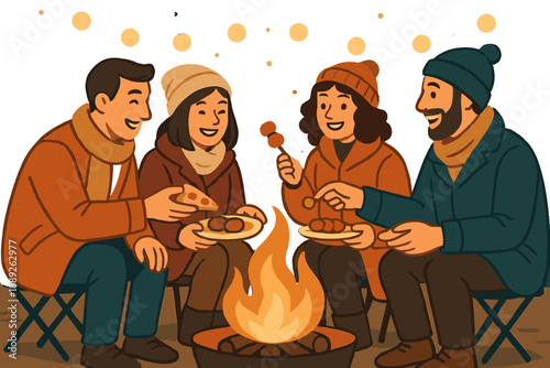 Group of friends enjoying food and warmth around a campfire during a chilly evening in winter