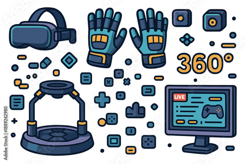 Virtual reality setup shows hands-free technology for gaming and immersive experiences with various devices and elements visible