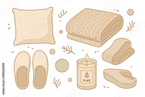 Cozy home setup with a blanket, pillow, slippers, and a pine-scented candle on a soft background