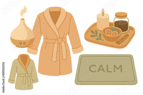 Cozy home spa setup with bathrobes, candles, and relaxing elements for self-care time in a bathroom environment