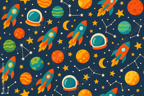 Rocket ships and planets fill the night sky with stars and constellations in a colorful space scene for children