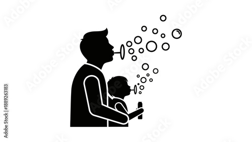 Man blowing bubbles with a child in a playful moment.
