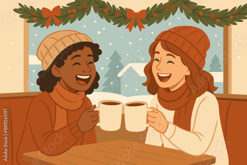 Two friends enjoy hot drinks together inside a cozy cafe during winter while snow falls outside in a festive setting