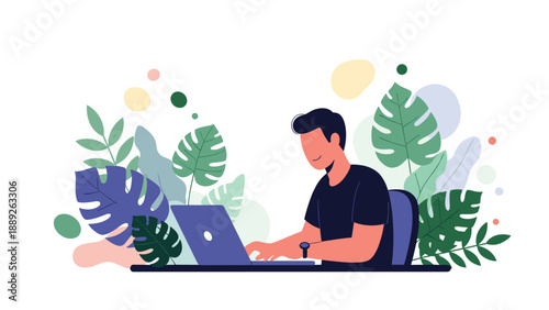 Young male freelancer working on his laptop in a creative environment surrounded by lush tropical plants and colorful abstract shapes.