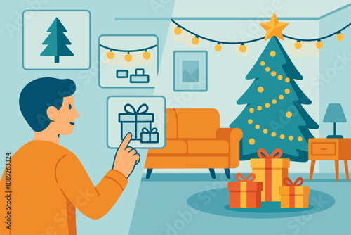 Person selects gifts for Christmas tree decor in cozy living room setting during holiday season