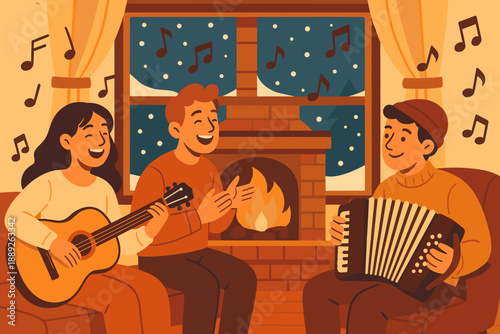 Friends enjoy music and warmth in a cozy room with a fireplace during winter nights