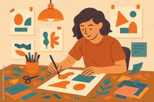 Creative person working on craft project at table with colorful paper and art supplies in a bright room during afternoon hours
