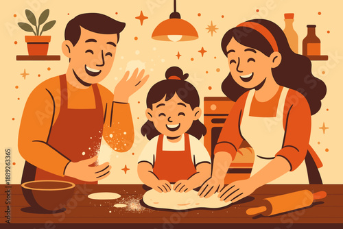 Family enjoys cooking together while making dough in a cozy kitchen during the day