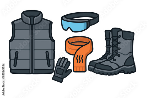Warm clothing gear for outdoor activities in cold weather during winter months