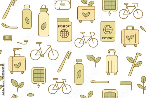 Exploring travel essentials and eco-friendly items for your next adventure in a patterned design