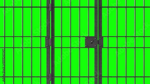 3d rendered animation of prison bars and door on green screen