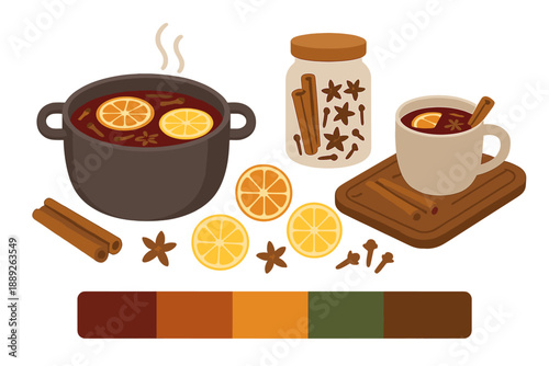Warm drink preparation using spices and citrus in a kitchen setting with pots and cups displayed