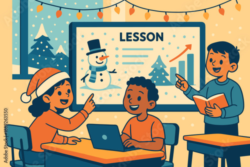 Children participate in a lesson during winter in a classroom with festive decorations and snow on the window