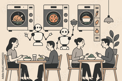 People working and enjoying food with robots in a modern dining setting in a busy city environment during daytime