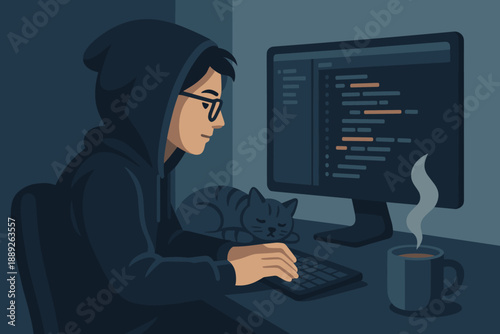 Person works on coding at computer with cat resting nearby in a dimly lit room during the evening
