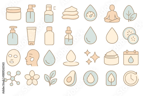 Graphic showing various skincare products and elements used for beauty routines and wellness practices in a simple design layout