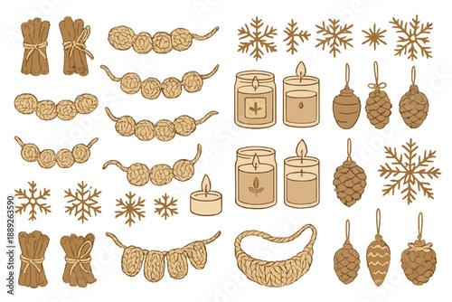 Decorative winter items like candles, ornaments, and snowflakes arranged in a simple design for festive celebrations