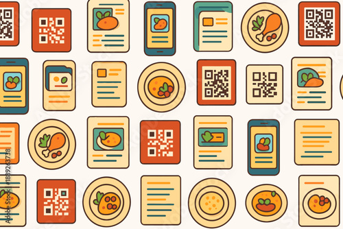 Food menu design with QR codes and images displayed on a flat surface showing various dishes and ingredients during daytime
