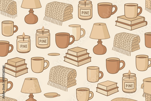 Cozy setting with candles, mugs, books, and blankets in warm colors on a light background