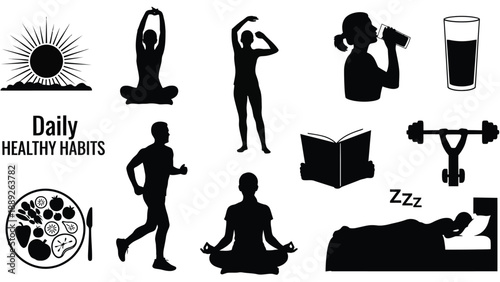 Silhouette icons illustrating essential daily healthy habits for well being and fitness