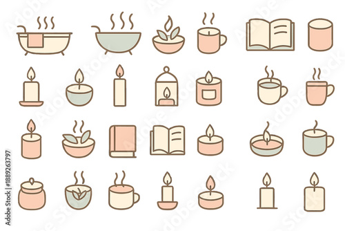 Different items represent relaxation and self-care at home with candles, tea, and books on a simple background