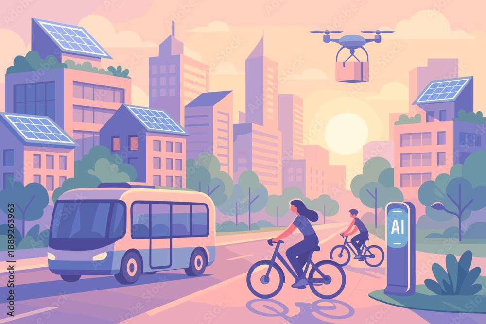 Naklejka premium City scene shows people riding bikes, a bus, and a drone delivering a package during sunset with buildings and solar panels